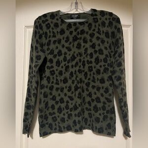 Lord & Taylor 100% Cashmere Olive & Black Leopard Crewneck Sweater
